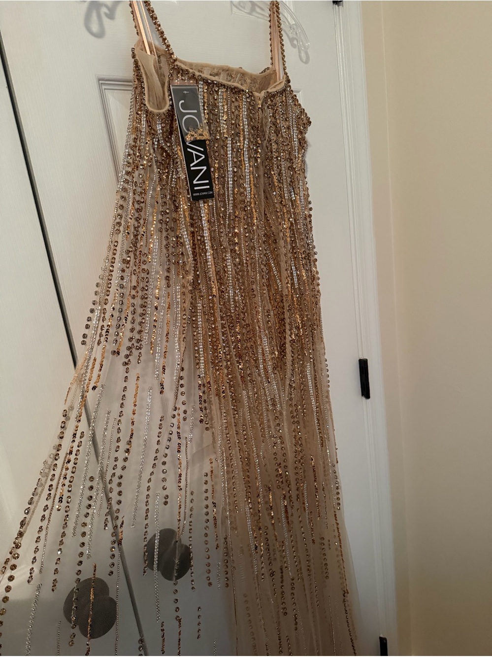 NWT, Jovani 26324A, SZ 0, Gold Beaded Sheer Cape Evening Gown - Picture 8 of 10